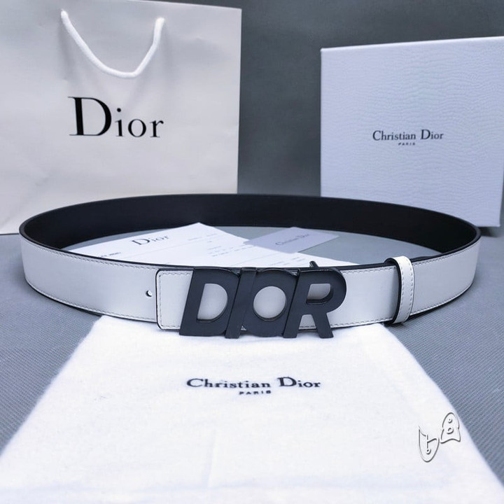 Dior Black Logo Reversible Leather Belt In White