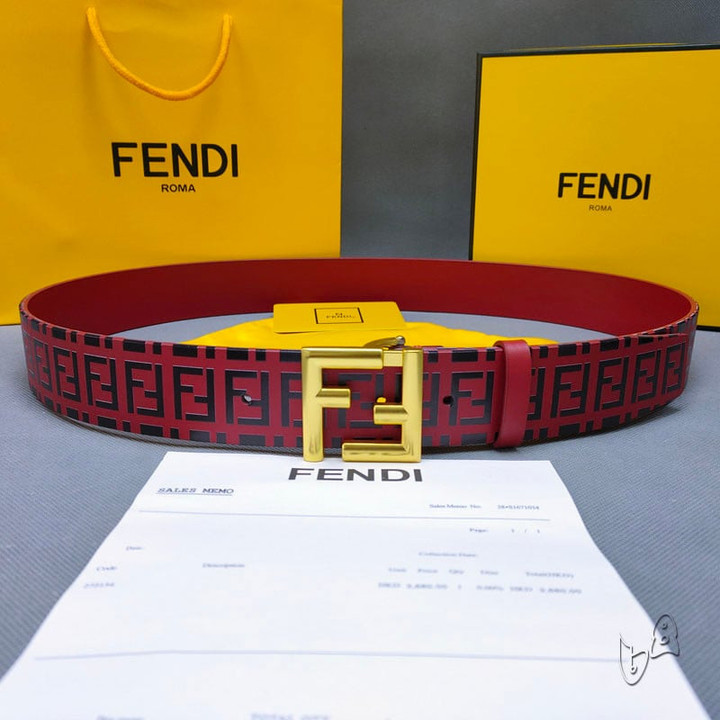 Fendi FF Logo Print Pattern Leather Belt In Red