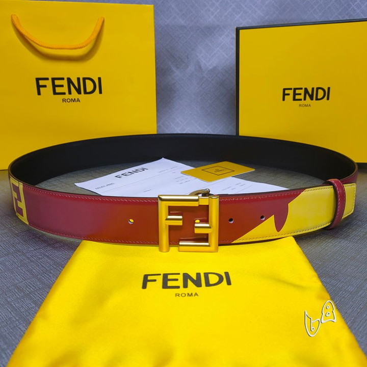 Fendi FF Logo Print Pattern Reversible Leather Belt In Red