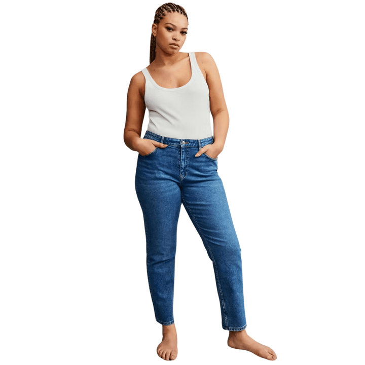 Mid Waist Blue Straight Jeans with Regular Fit