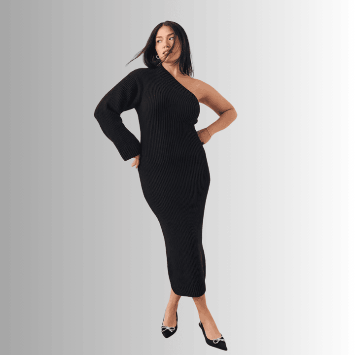 One Shoulder Long Sleeve Black Dress with Regular Fit
