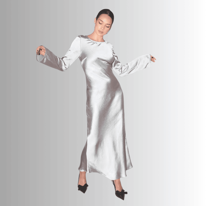 Long-Sleeved Beige Satin Dress with Open Back