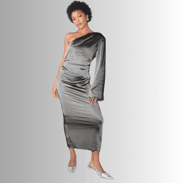 One-Shoulder Grey Dress with Long Sleeve and Waist Gathering