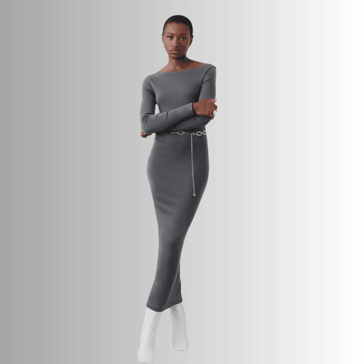 Long-Sleeved Grey Dress with Boat Neckline