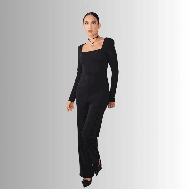 Black Long-Sleeved Jumpsuit with Square Neckline
