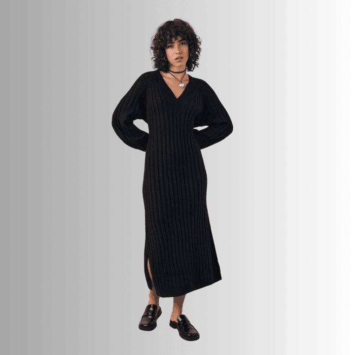 Black Knitted Dress with Long Raglan Sleeves