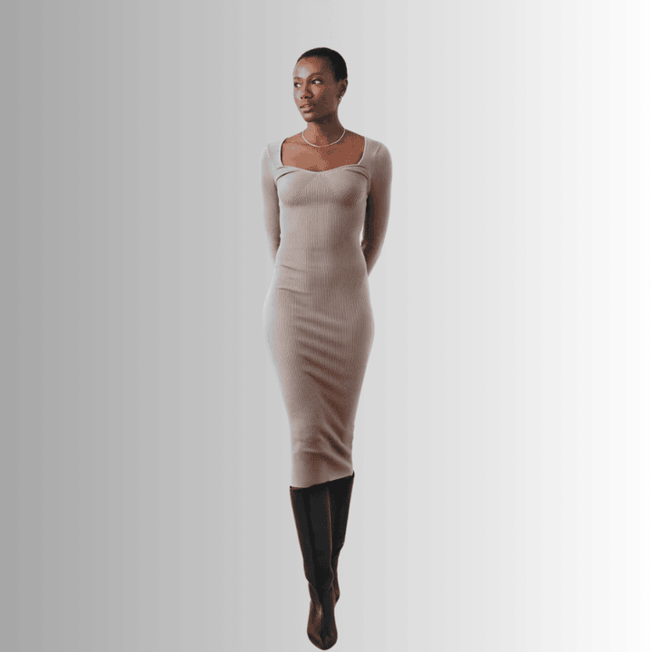 Beige Ribbed Midi Dress with Sweetheart Neckline