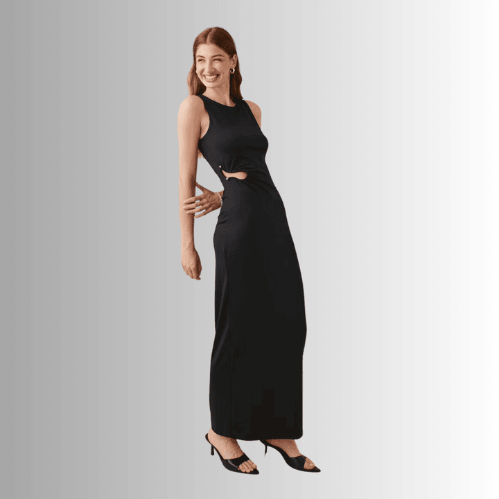 Sleek Sleeveless Black Maxi Dress with Cut-Out Details
