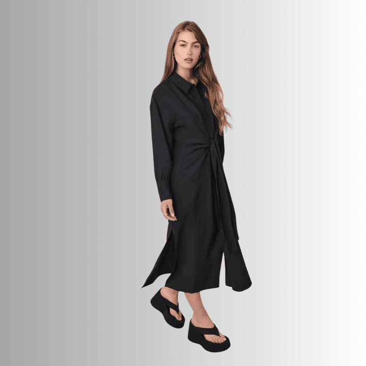 Long Black Shirt Dress with Self-Tie Front