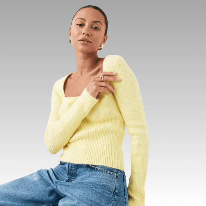 Yellow Rib-Knit Top with Square Neckline