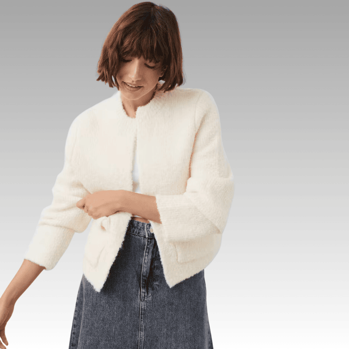 White Bouclé Knitted Cardigan with Regular Fit
