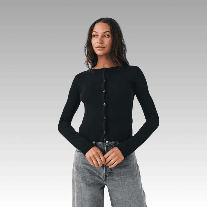 Black Long-Sleeved Ribbed Cardigan with Button Front