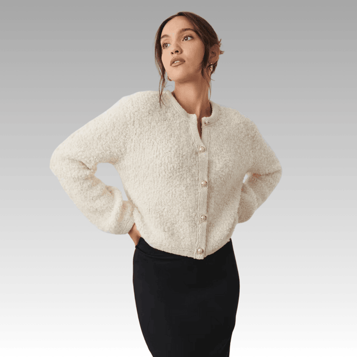 Warm White Knitted Cardigan with Gold-Colored Buttons