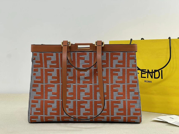 Fendi Medium X-Tote Bag Houndstooth Canvas FF Embroidery In Brown