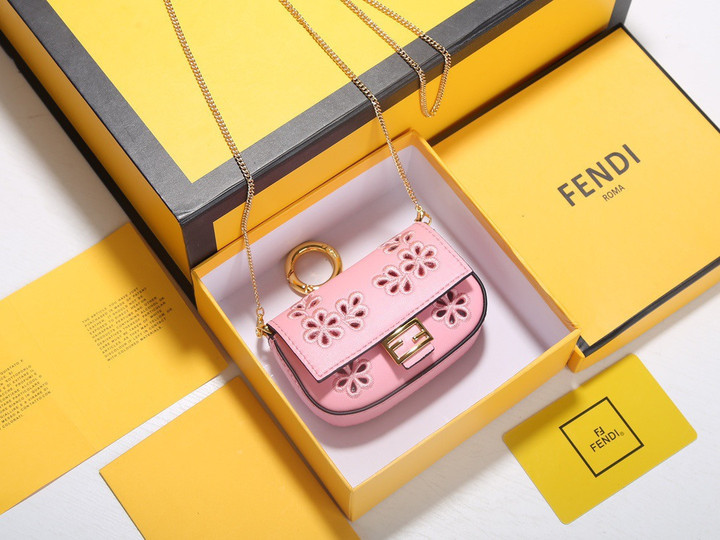 Fendi Nano Baguette Charm Bag Embroidery Cowhide In Pink