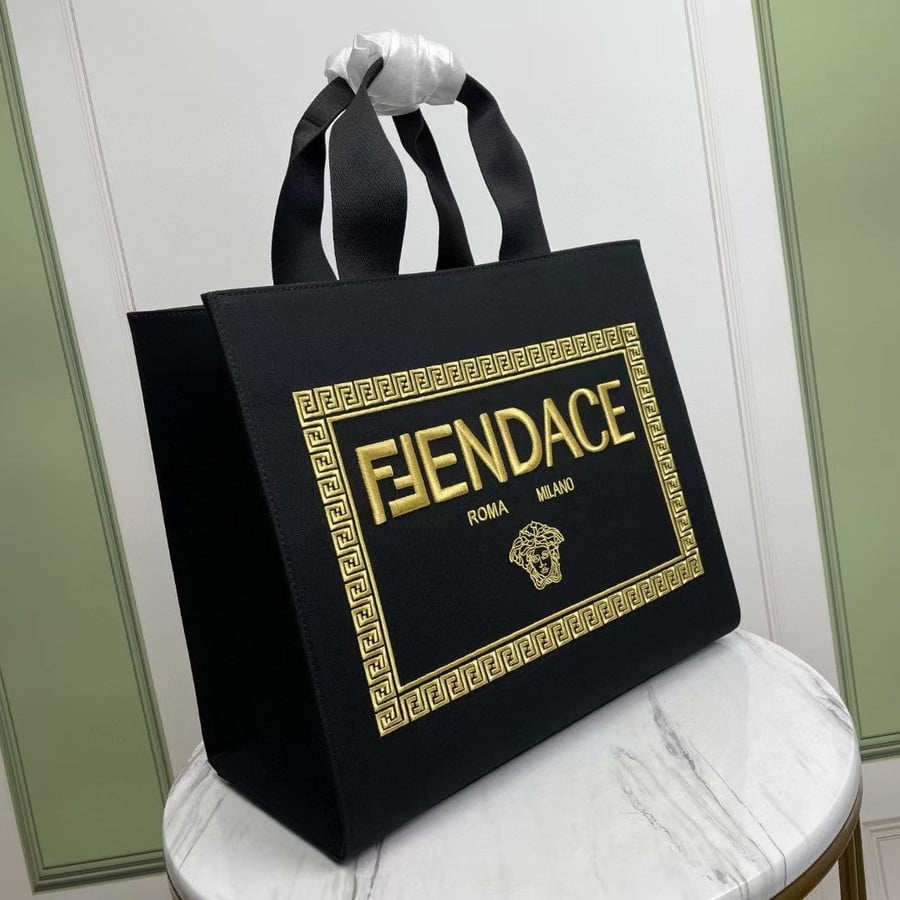 Fendi x Versace Fendace Logo Medium Tote Bag In Black Canvas - Praise To  Heaven