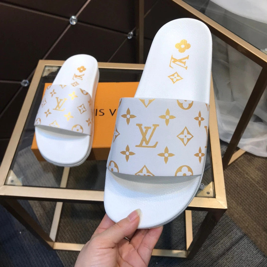 Louis Vuitton Waterfront Mule Slides In White And Gold Monogram - Praise To  Heaven