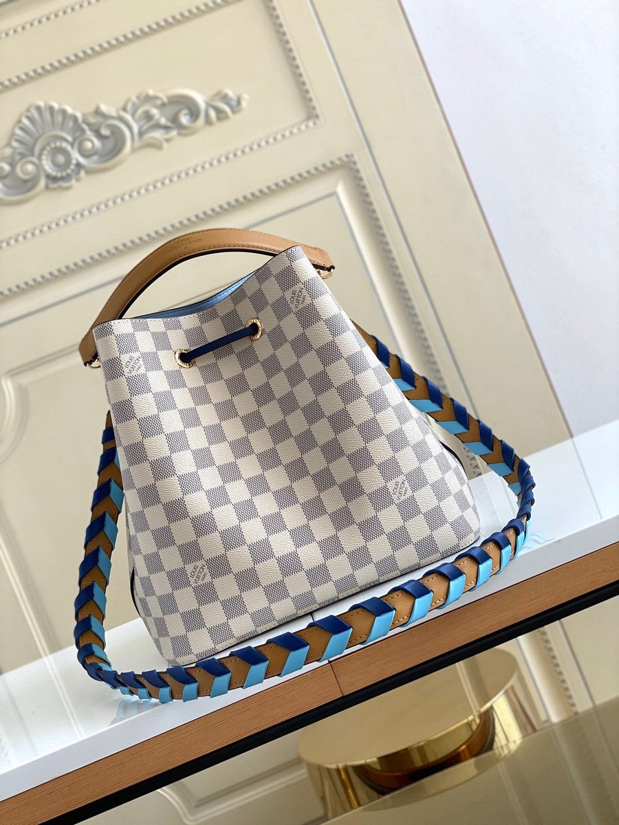 Louis Vuitton NeoNoe MM Bucket Bag Damier Canvas With Blue Braided