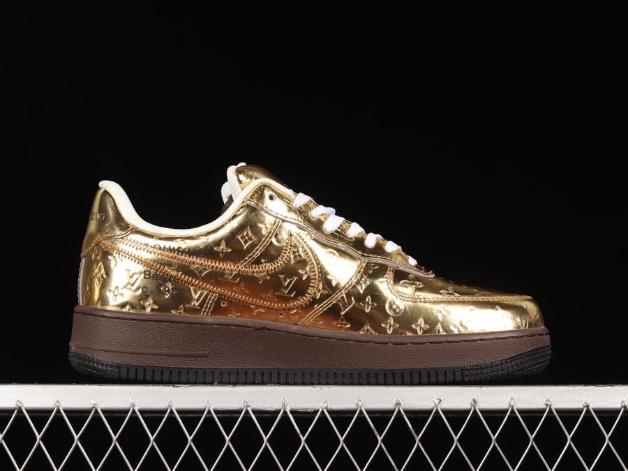 Louis Vuitton x Nike Air Force 1 07 Low Black Metallic Gold Brown Shoe -  Praise To Heaven