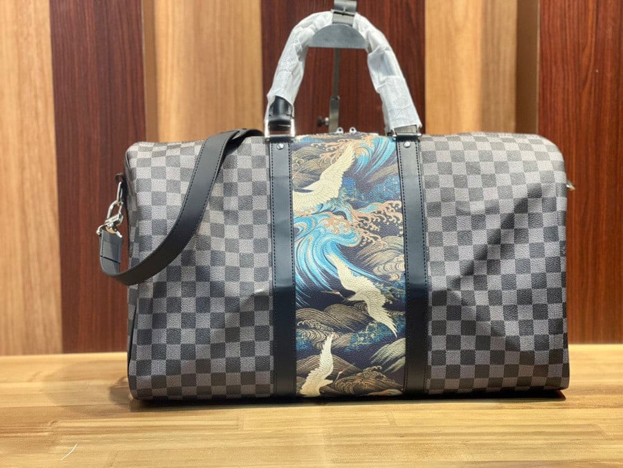 Black Distorted Damier Keepall Bandouliere 50cm in Coated Canvas