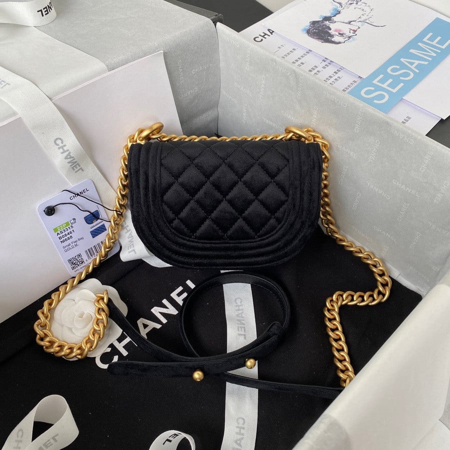 Chanel Boy Mini Messenger Bag Velvet In Black - Praise To Heaven