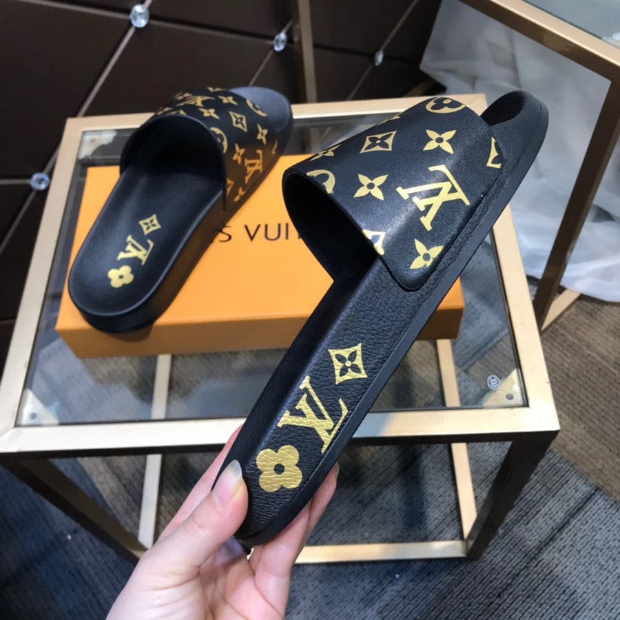 Louis Vuitton Waterfront Mule Slides In Black And Gold Monogram - Praise To  Heaven
