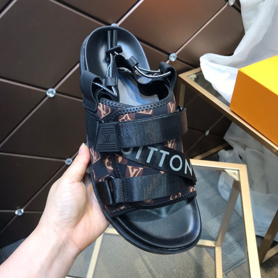 Louis Vuitton, Black & Brown Rubber Sandal Monogram Strap Adjustable St