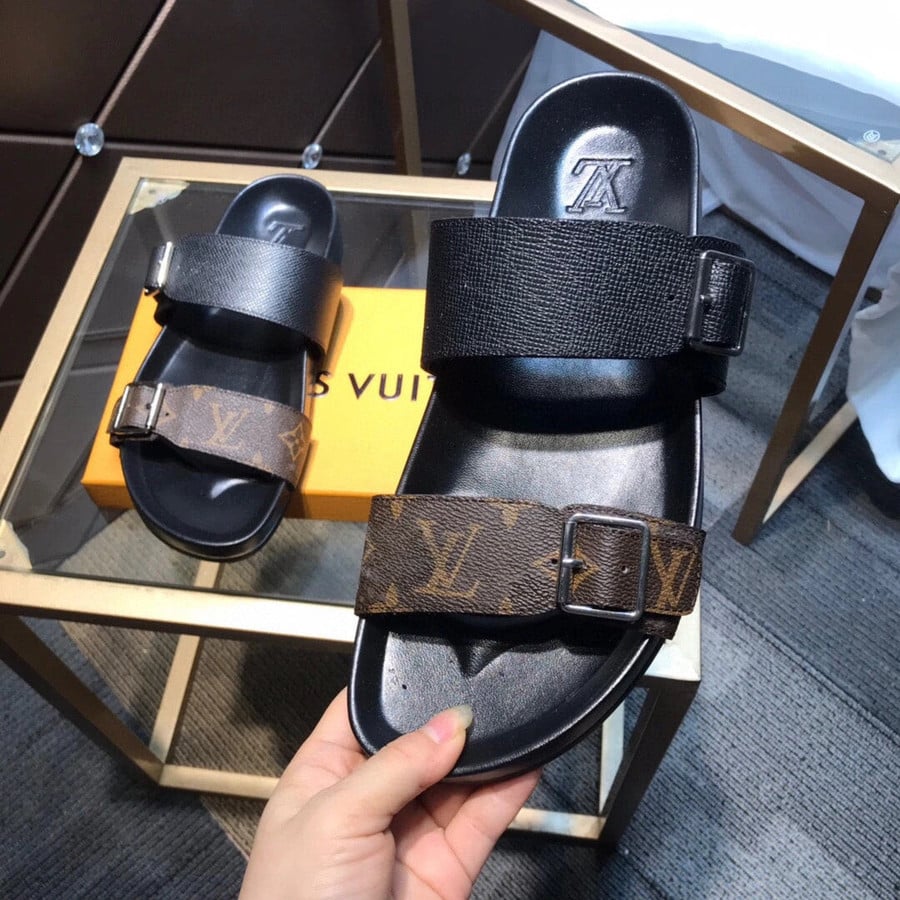 Louis Vuitton Bom Dia Mules Two Strap Sandals In Black And Brown