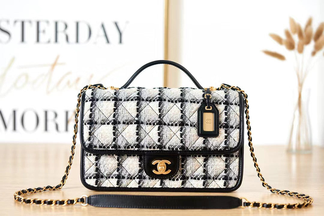 Chanel Small Flap Bag With Top Handle In White Wool Tweed - Praise To Heaven