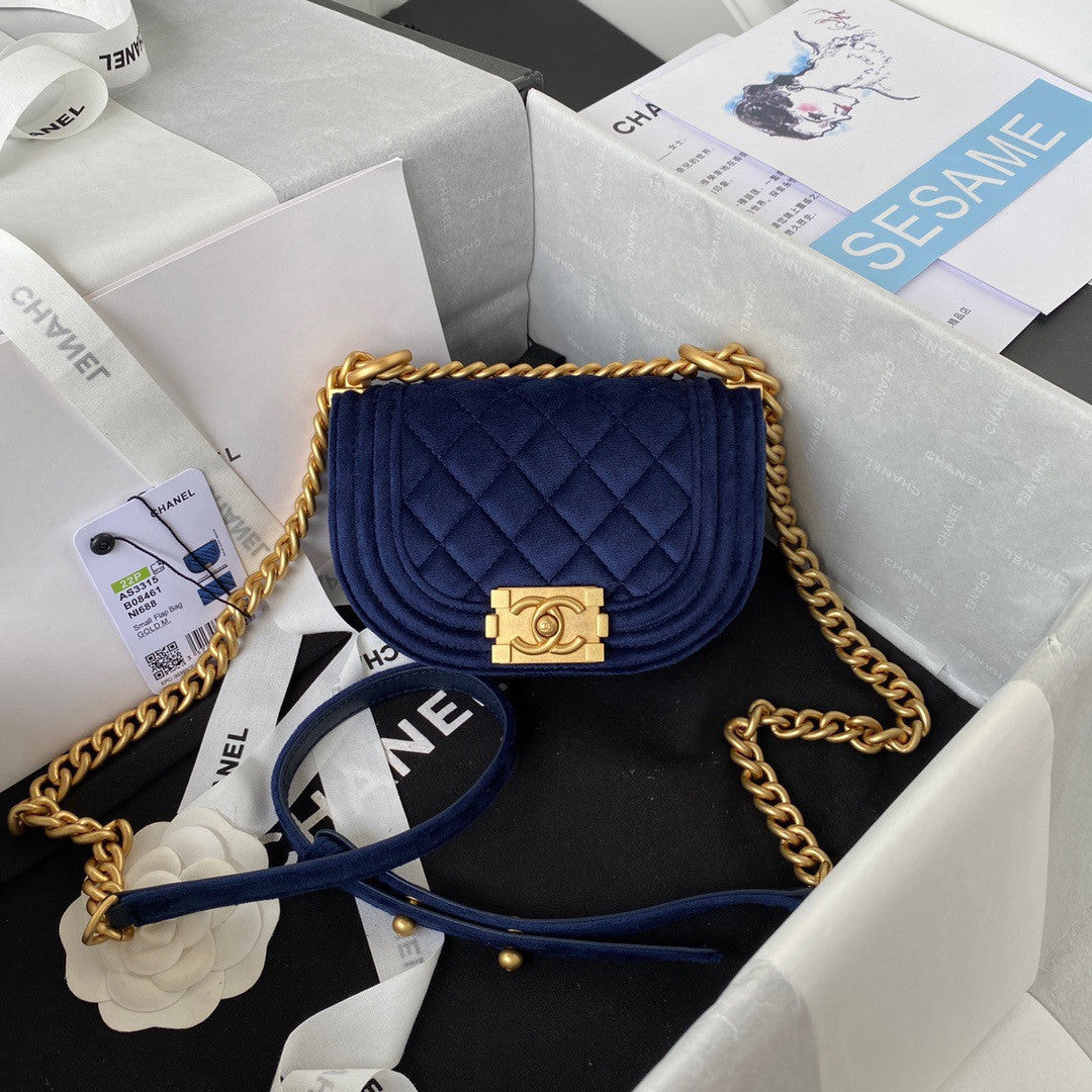 Chanel Boy Mini Messenger Bag Velvet In Navy - Praise To Heaven