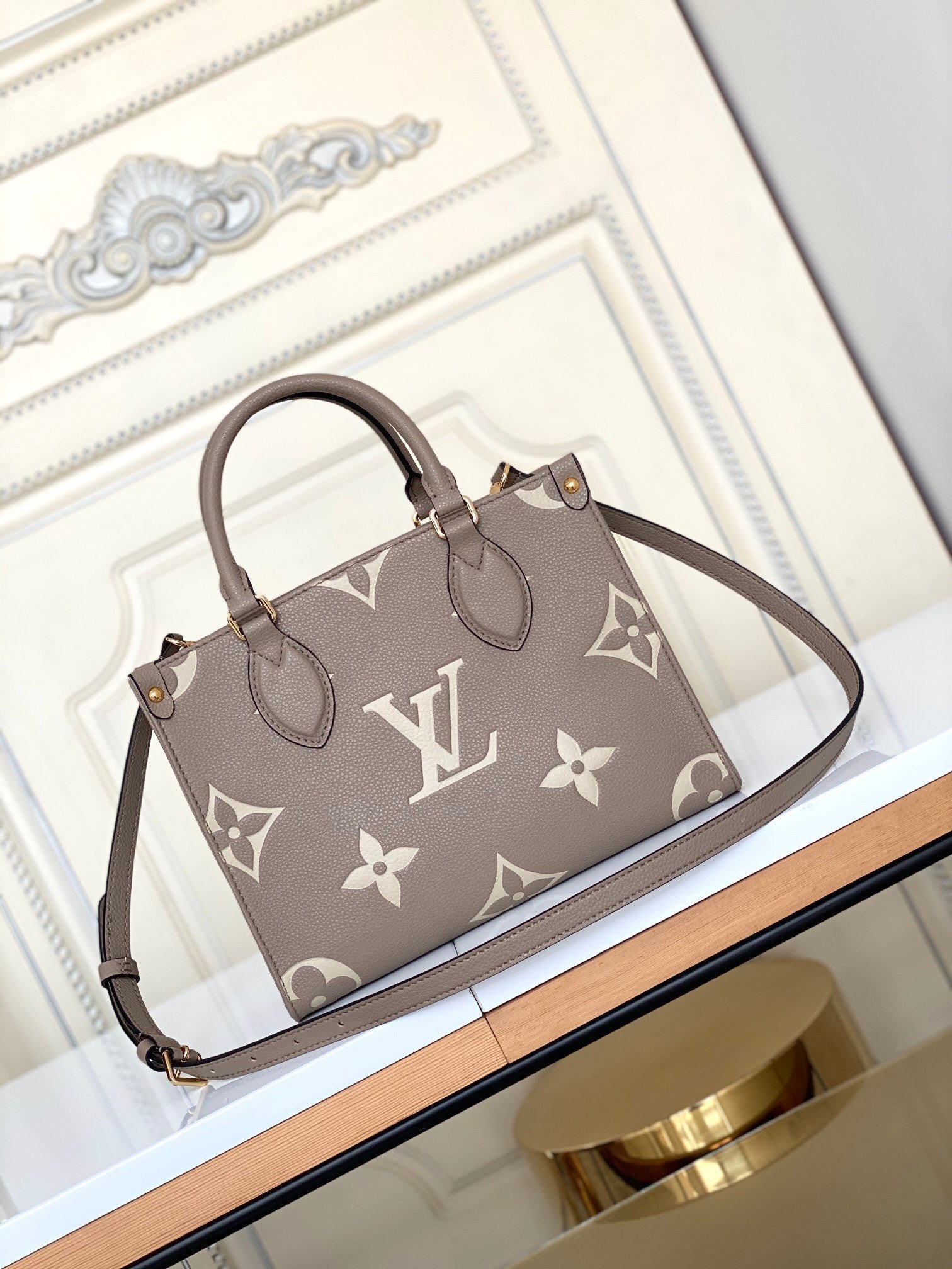 Louis+Vuitton+Onthego+Tote+PM+Tourterelle+Beige+Cream+Leather+Monogram+ Empreinte for sale online