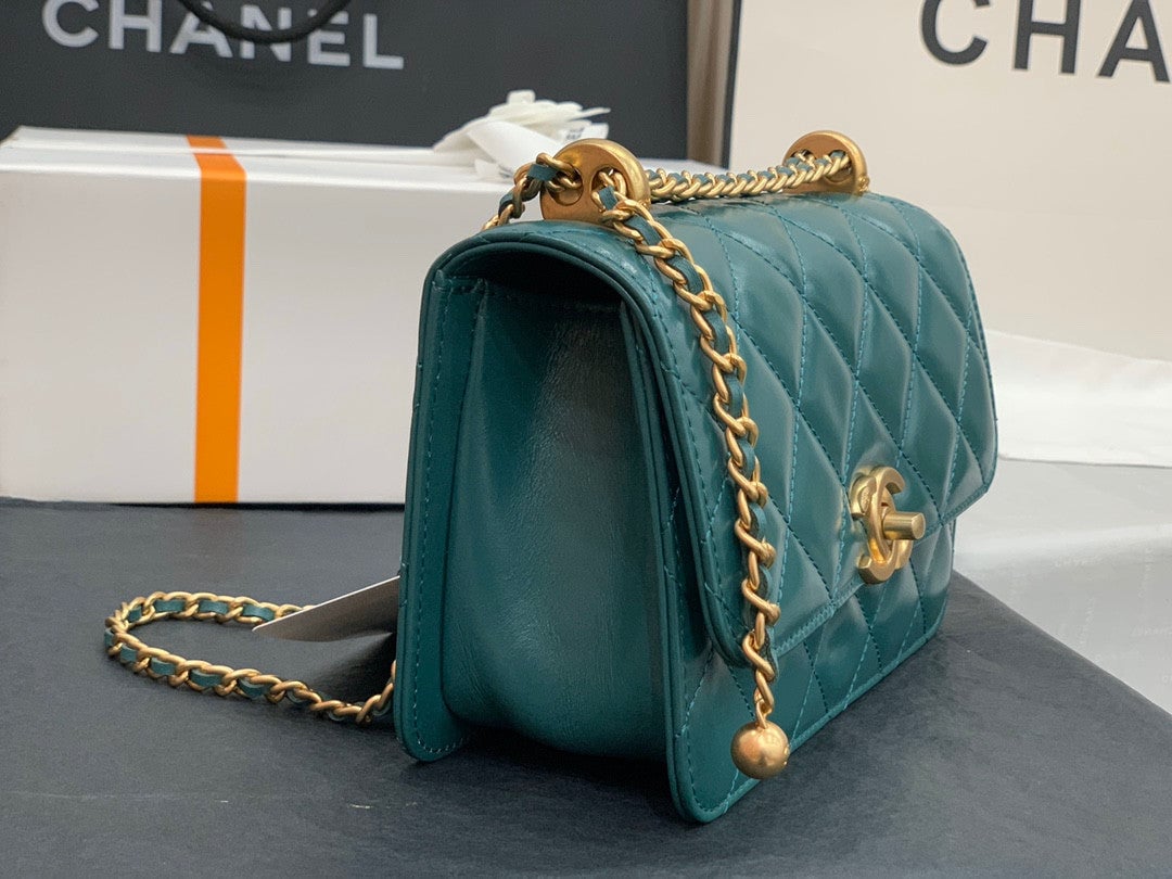 Chanel Shoulder Bag Double Gold Ball Chain In Turquoise - Praise To Heaven