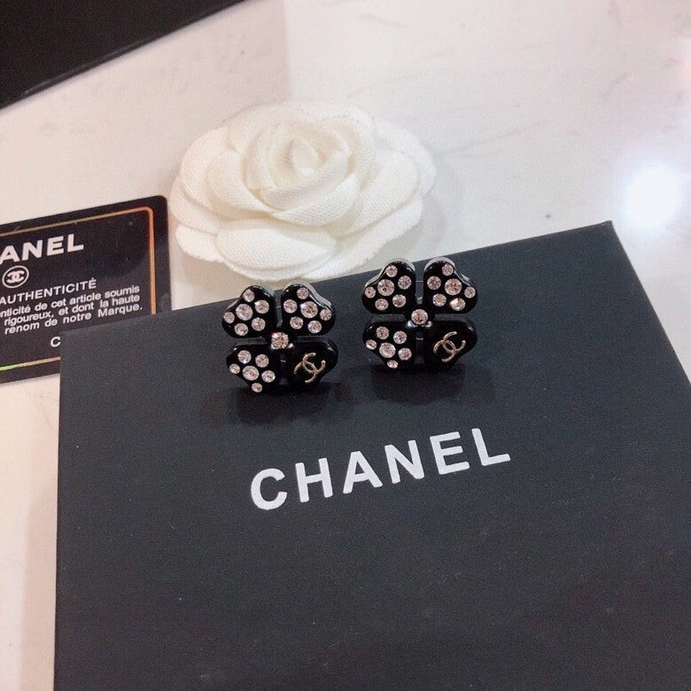 Chanel Black Clover With Strass CC Earrings - Praise To Heaven