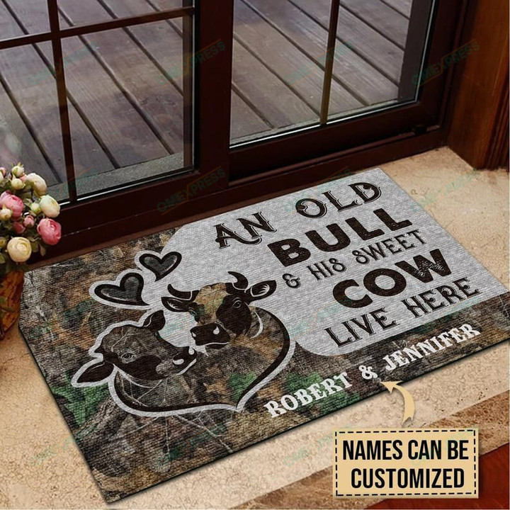 Personalized Cattle Couple Bull And Cow Live Here Customized Doormat Home Decor Personalized Doormat