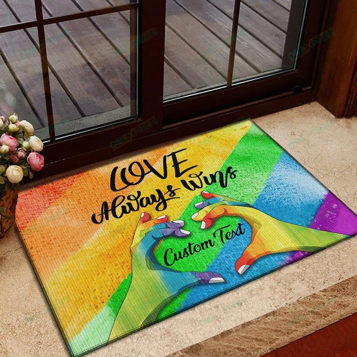 Personalized Love Always Wins LGBT Doormat LGBT Rainbow Doormat LGBT Pride Doormat Heart Hand Sign