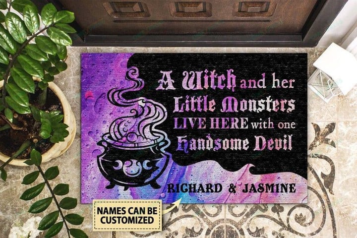 Personalized Witch And Her Little Monsters Live Here Customized Doormat Home Decor Personalized Door