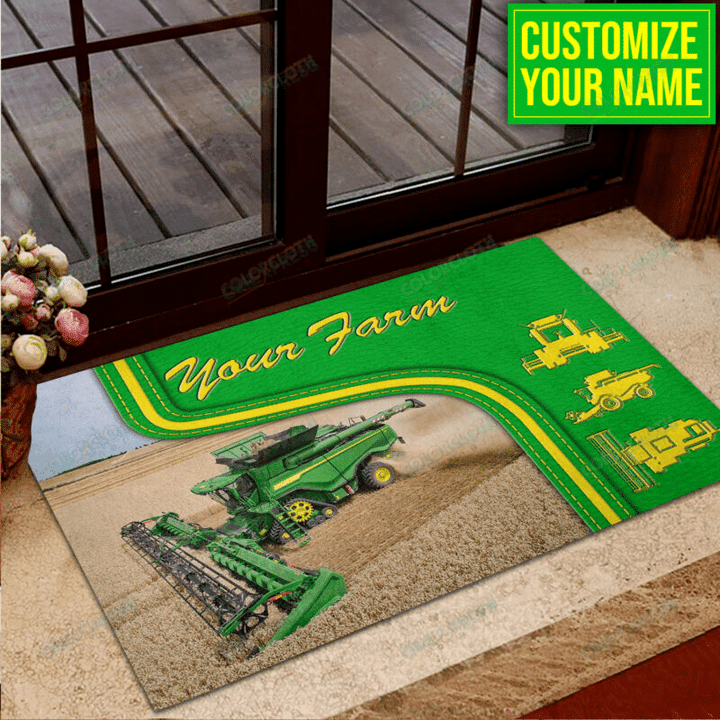Personalized Green Tractor Rubber Base Doormat TV264003