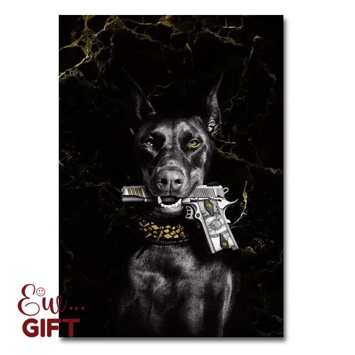 Dog with Gold Gun Posters Prints Luxury Dog Art Canvas Painting Dobermann Wall Art Pictures Mural for Living Room Home Decoration
