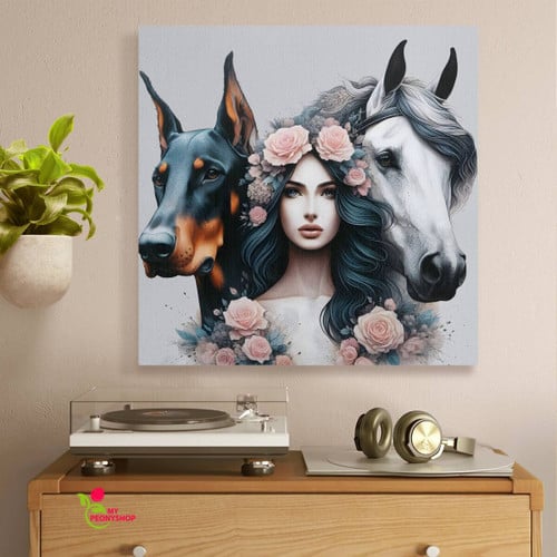 Doberman horse and girl square canvas