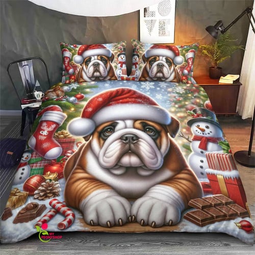 Bulldog snow falling bedding set for christmas