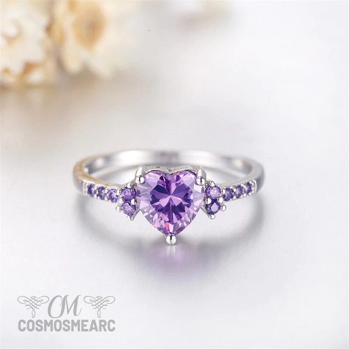 Real Tibetan Silver Amethyst Ring Lovely Heart Shape Purple Zircon Crystal Ring Romantic Gift for for Wife and Girlfriend