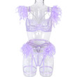 MeiKeDaiNicey Feather Sensual Lingerie Sexy Transparent Lace Bra with Chain Exotic Sets Porn 3 Piece Set Garters Erotic Costumes