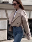 Women's Cropped Trench Khaki Lapel Collar Jackets Coat Female Long Sleeve With Belt Single Button Short Jacket Spring Streetwear