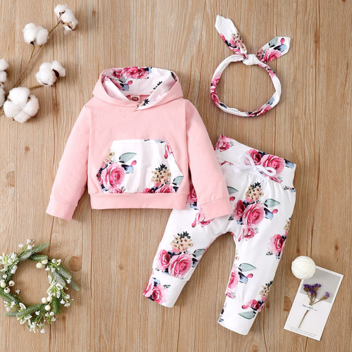 0-24 Months Newborn Baby Girl Clothes Hooded Printed Top + Pant + Headband 3pcs Floral Toddler Girl Clothes Baby Girl Outfit Set