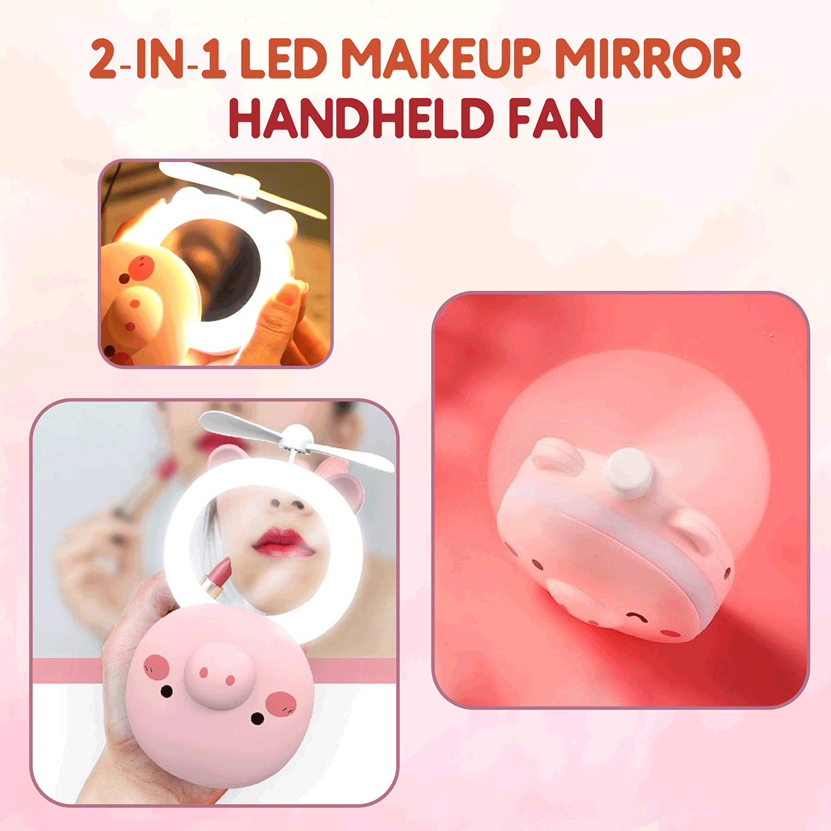 Cute Pig LED Makeup Mirror Handheld Fan