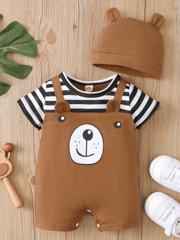 Newborn Baby Boy Clothes Infant Cute Bears Romper Retro Short Sleeves Print Bodysuit 2Pcs Toddler Baby Boy Jumpsuit Summer Plays