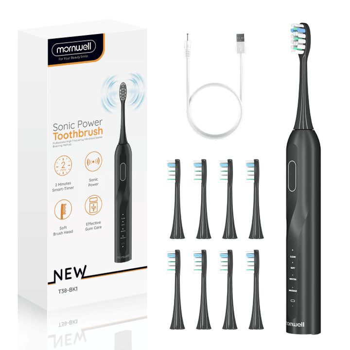 Mornwell Electric Sonic Toothbrush T38 USB Charge Adult Waterproof Ultrasonic Automatic Tooth Brush 8 Brushes Replacement Heads