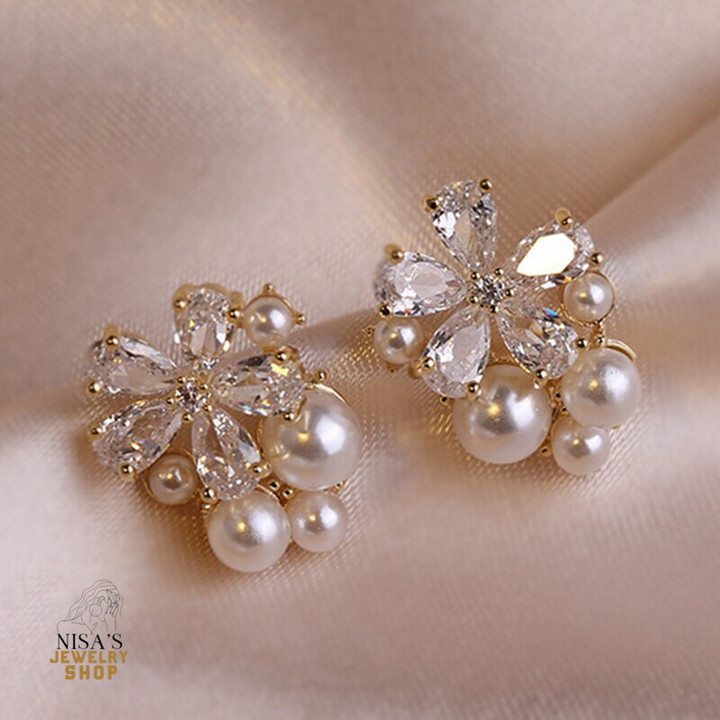 Crystal Flower Stud Pearl Earrings Zircon Rhinestone