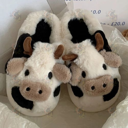 Cute Cow Winter New Children Slipper Soft Heel Platform Fur Warm Indoor Comfortable Home Fluffy Home Slippers