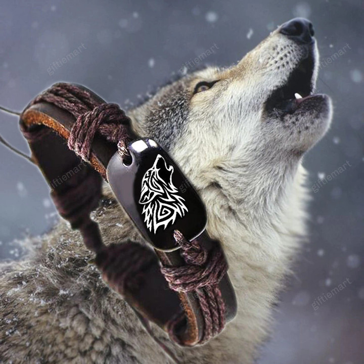 Vintage Braided Woven Rope Leather Wolf Bracelet Wolf Logo for Women Man Fashion Jewelry